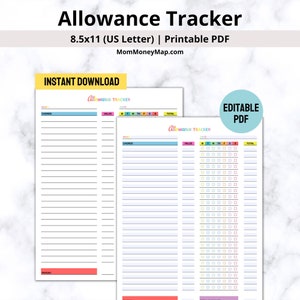 Multi-Color Daily Allowance Tracker Printable PDF, Allowance Tracker for Kids, Chore and Allowance Chart, Chore Chart with Rewards for Kids