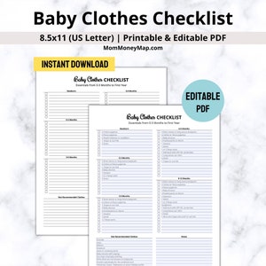 Baby Clothes Checklist Printable PDF, Preparing For Baby Clothes Checklist, Baby Clothes Guide Printable, Editable Checklist for Baby 0-12
