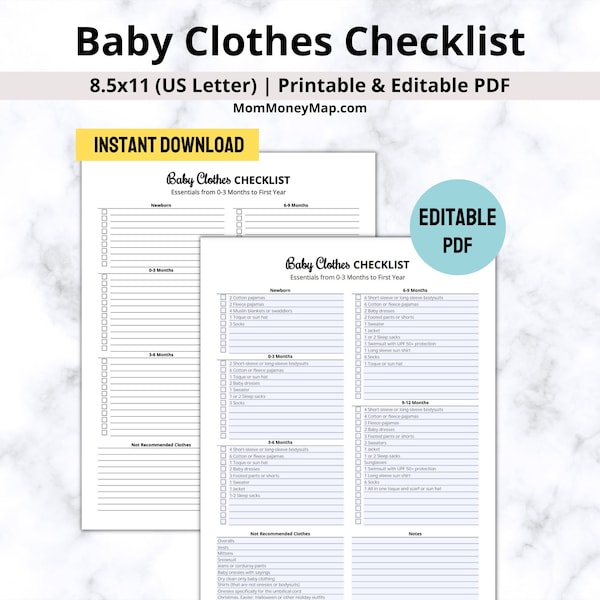 Baby Clothes Checklist Printable PDF, Preparing For Baby Clothes Checklist, Baby Clothes Guide Printable, Editable Checklist for Baby 0-12