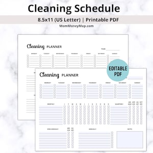May include: Printable cleaning schedule planner with sections for daily, weekly, monthly, quarterly, semi-annually, and annually tasks.  The planner includes a notes section and a year section.