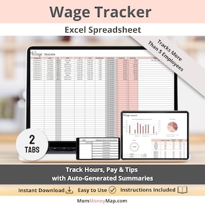 Op de afbeelding: Een digitale loontracker spreadsheet weergegeven op een laptop en tablet. De spreadsheet toont de uren, het loon en de fooien van werknemers, met automatisch gegenereerde samenvattingen. De tekst op het scherm zegt "Wage Tracker" en "Excel Spreadsheet".