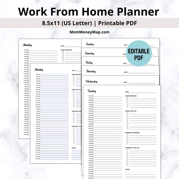 Work From Home Planner Printable PDF, Remote Work Planner, Home Work Organizer, Work From Home Schedule, Work At Home Time Tracker, WFH Plan