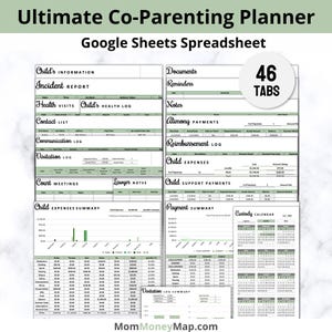 Könnte beinhalten: Eine digitale Co-Parenting-Planer-Tabelle mit 46 Registerkarten, einschließlich Abschnitten für Kinderinformationen, Gesundheitslogs, Ausgaben und einen Sorgerechtskalender. Der Planer ist für die Verwendung mit Google Sheets konzipiert.