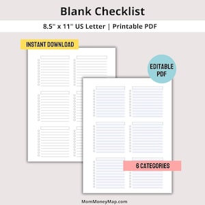 May include: Printable checklist template with six categories, each with 10 lines for writing. The template is 8.5 inches by 11 inches and is labeled "Editable PDF" and "6 Categories".