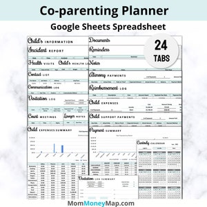 Planificador de crianza compartida (Hoja de cálculo de Google), Planificador de custodia infantil, Crianza compartida saludable con manutención infantil y Calendario de crianza compartida
