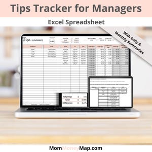 May include: A laptop computer displaying a spreadsheet titled "Tips Tracker for Managers" with a pink and white color scheme. The spreadsheet is designed to track employee tips, hours worked, and daily and monthly summaries. The spreadsheet includes a progress bar, total tips, goal, and difference.