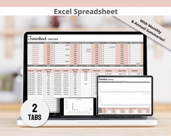 Arkusz kalkulacyjny Timesheet Tracker w programie Excel do śledzenia godzin pracy, czasu realizacji zadań, podsumowań miesięcznych i rocznych oraz arkuszy czasu pracy pracowników (wersja cyfrowa)
