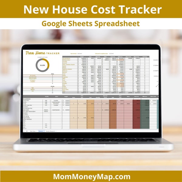 New House Cost Tracker Google Sheets Spreadsheet, New Home Building Financial Planning Sheet, Manage New Home Finances Template Spreadsheet