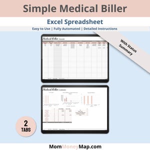 May include: A screenshot of a computer screen showing an Excel spreadsheet with two tabs labeled "Medical Biller Tracker" and "Medical Biller Summary". The spreadsheet is designed to help users track and manage medical bills. The spreadsheet includes columns for date, provider, service, amount, and status. The summary tab includes charts and graphs to visualize the data.