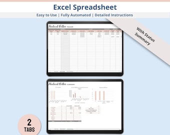 Simple Medical Billing Tracker Excel Spreadsheet, Insurance Claims, Invoices, Expenses, Coding, Payments & Records Template