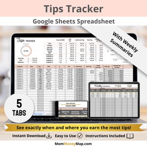 May include: A laptop displays a Google Sheets spreadsheet titled "Tips Tracker." The screen shows data tables, charts, and the text "With Weekly Summaries." The image includes the text "5 TABS" and "See exactly when and where you earn the most tips!"