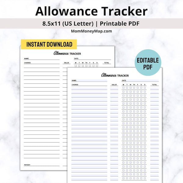 Daily Allowance Tracker Printable PDF, Allowance Tracker for Kids, Chore and Allowance Chart, Chore Chart with Rewards, Daily Tasks for Kids