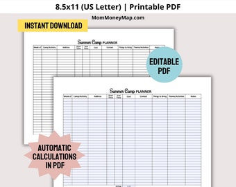 Summer Camp Planner Printable PDF, Summer Camp Organizer, Camp Activities Planner Template, Camp Management Worksheet, Camping Planner PDF
