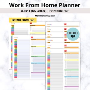 May include: Printable work from home planner with a colorful design. The planner includes daily time slots from 5:00 AM to 11:00 PM, sections for work priorities, to-do lists, personal priorities, and notes. The planner is available for download in a PDF format.