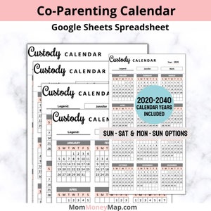 Hoja de cálculo de Google Sheets para calendario de crianza compartida, calendario de crianza compartida, calendario de custodia de los hijos, cronograma de custodia, calendario digital compartido