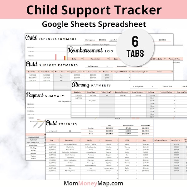 Child Support Tracker Google Sheets Spreadsheet, Child Custody Planner, Child Expenses Reimbursement, Child Support Alimony Spreadsheet
