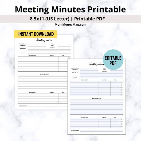 Meeting Minutes Printable PDF, Editable Agenda and Minutes, Meeting Notes Printable, Minutes of Meeting Template, Meeting Agenda Printable