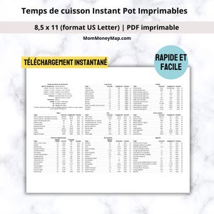 May include: A printable Instant Pot cooking times chart on an 8.5 x 11 inch US Letter size paper. The chart includes cooking times for various foods. Text on the image includes "Instant Download" and "Quick and Easy."