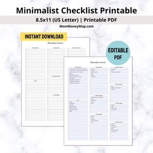 May include: Printable minimalist checklist in black and white with a blue and white header. The checklist is divided into categories such as kitchen essentials, cleaning supplies, personal care items, and miscellaneous tools. The text "Editable PDF" is in a blue box on the right side of the page.