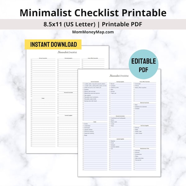 Minimalist Checklist Printable PDF, Minimalist Decluttering Checklist PDF, Minimalist Purge Checklist, Minimalist Living Checklist Printable