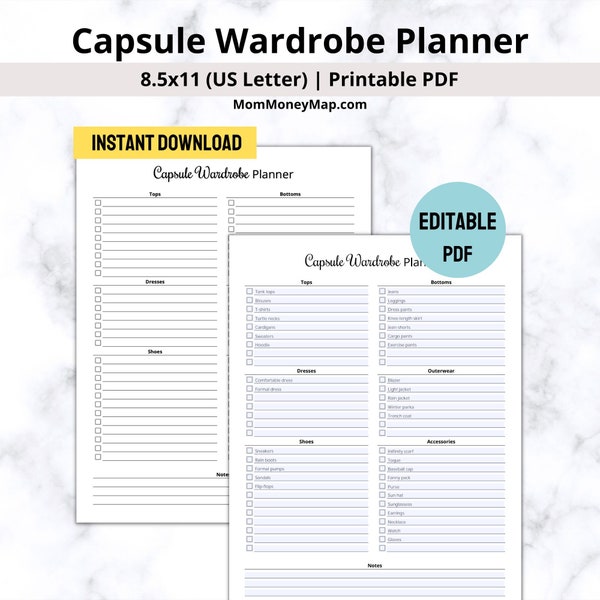 Capsule Wardrobe Checklist Printable PDF, Minimalist Wardrobe Checklist Printable PDF, Editable Capsule Wardrobe Outfit Template Printable