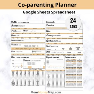 May include: A Google Sheets spreadsheet template for co-parenting planning. The spreadsheet includes tabs for child's information, documents, reminders, notes, alimony payments, reimbursement log, child expenses, child support payments, payment summary, visitation log, and custody calendar. The spreadsheet is designed to help co-parents stay organised and on track with their parenting responsibilities.