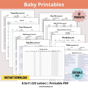 Puede incluir: Una colección de listas de verificación y registros imprimibles para bebés, que incluyen una lista de verificación para la bolsa del hospital, un registro de cambio de pañales y una lista de verificación de artículos esenciales para bebés. PDF editable.