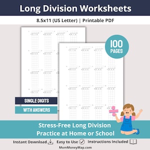 Może przedstawiać: Dwa arkusze robocze do długiego dzielenia do wydrukowania na białym papierze. Arkusze robocze są oznaczone jako "8.5x11 (US Letter)" i "PDF do wydruku". Arkusze robocze zawierają problemy matematyczne z pojedynczymi cyframi i odpowiedziami. Obraz zawiera również tekst "100 stron".