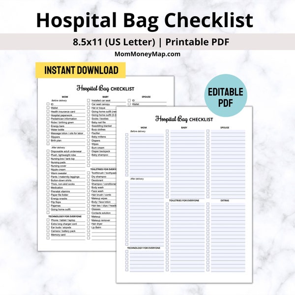 Hospital Bag Checklist Printable PDF, Hospital Bag Must Haves, Mom and Baby List, Labor Delivery List, Baby Bag Checklist, Labor Checklist