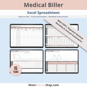 Könnte beinhalten: Ein digitales Bild eines Computerbildschirms, auf dem eine Tabellenkalkulation mit dem Titel "Medical Biller" angezeigt wird. Die Tabellenkalkulation ist in 15 Registerkarten unterteilt, darunter "January Medical Biller", "Payment Method Summary" und "HSPC Summary". Die Tabellenkalkulation soll medizinischen Rechnungsstellern helfen, ihre Einnahmen und Ausgaben zu verfolgen.