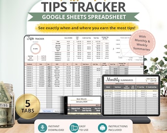 Tips Tracker Google Sheets Spreadsheet for Tracking Daily Tips, Tip Outs, Server Income, Bartender Earnings and Weekly Summaries