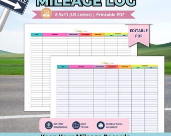Colored Mileage Log Printable PDF for Tracking Vehicle Mileage, Trips, Dates, Destinations and Driving Expenses (Digital Download)