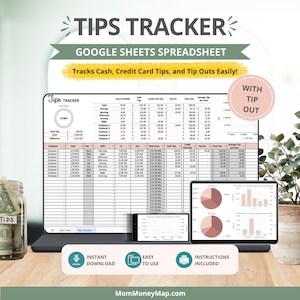Tips Tracker With Tip Out Google Sheets Spreadsheet, Tips Tracker Spreadsheet For Servers and Bartenders, Tips Log Template, Tips Income Log