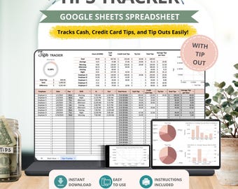 Tips Tracker Google Sheets Spreadsheet with Tip Out, Server and Bartender Income Log Template