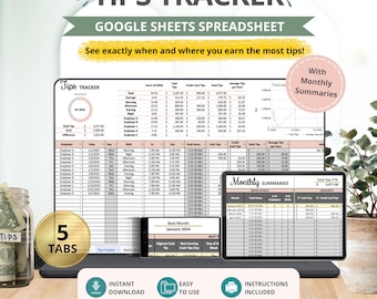 Tips Tracker Google Sheets Spreadsheet, Monthly Summary Income Log, Daily Cash Gratuity Template