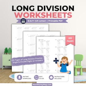 Long Division Worksheets Bundle Printable PDF for Practicing Long Division, Division Problems, Math Skills and Step by Step Solutions