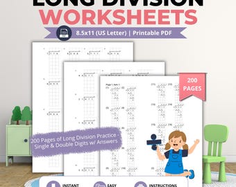 Long Division Worksheets Bundle Printable PDF for Practicing Long Division, Division Problems, Math Skills and Step by Step Solutions