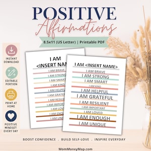 Positive Affirmations Printable PDF Wall Art, Daily Affirmations for Adults & Kids for Motivation, Confidence, Encouragement, Inspiration