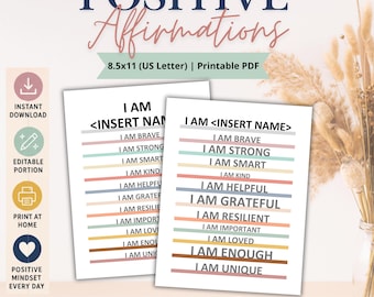 Utskrivbar väggkonst med positiva affirmationer i PDF-format, dagliga motivationscitat för barn och vuxna, självförtroende, uppmuntran