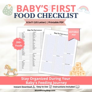 Baby Led Weaning Checklist Printable PDF for First Foods, Baby Food Introduction, Allergy Tracking, Feeding Log and Weaning Planner
