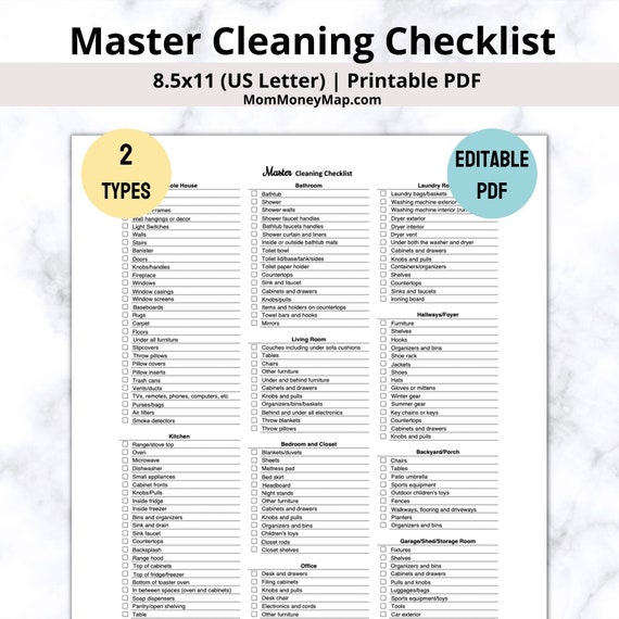 Master Cleaning List Printable PDF, Cleaning Checklist for House Editable Digital Template, Ultimate Home Cleaning Checklist by Room