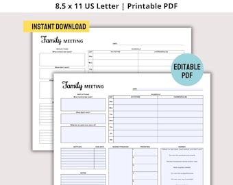 Afdrukbare pdf agenda gezinsvergadering, sjabloon gezinsvergadering, afdrukbare huisplanner, wekelijkse familiebijeenkomst, werkblad gezinsdoelen afdrukbaar