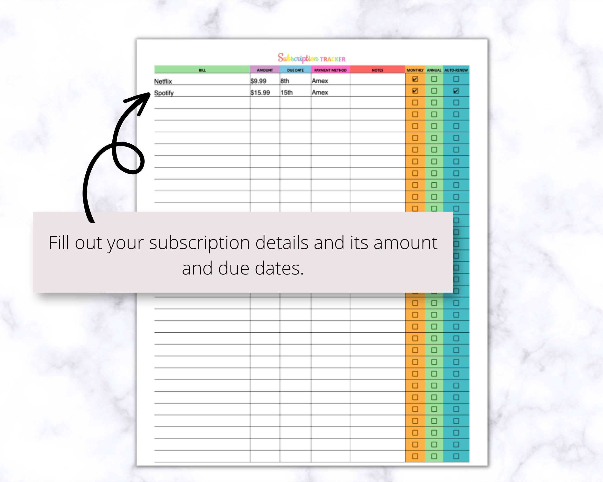 Subscriptions Printable Multi-color Subscription Tracker Printable PDF, Track Your Monthly ...