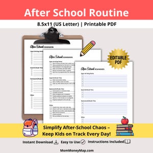Nachmittagsroutine-Plan (PDF zum Ausdrucken), bearbeitbarer visueller Tagesplan für Kinder, Checkliste für Hausaufgaben und Erledigungen