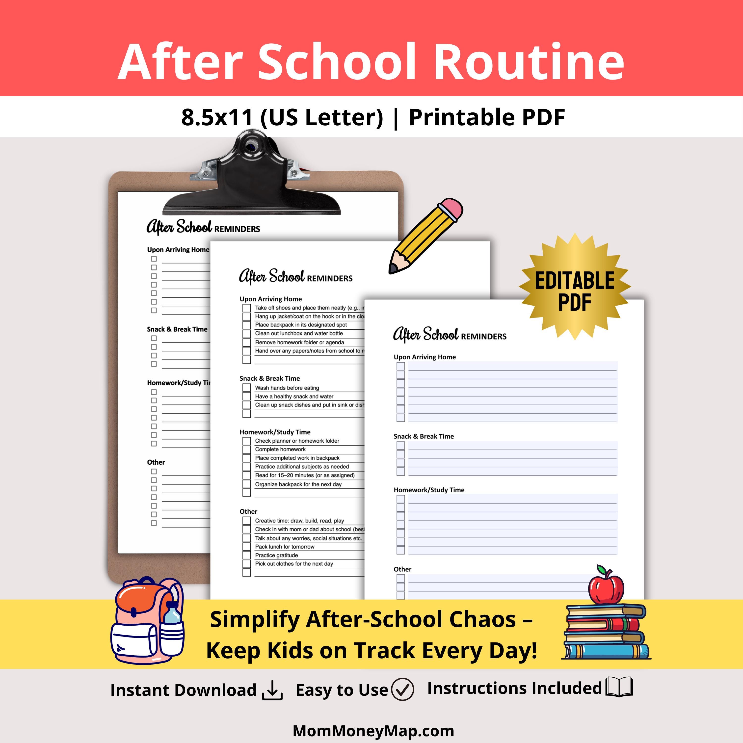 After School Routine Tracking Chart Editable After School Routine Chart: Kids Daily Planner (printable PDF ...