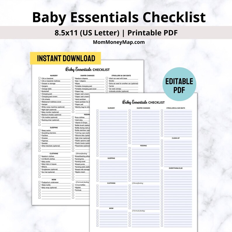 Baby Essentials Checklist Printable PDF, Newborn Checklist, Baby Must Haves, New Baby Planner