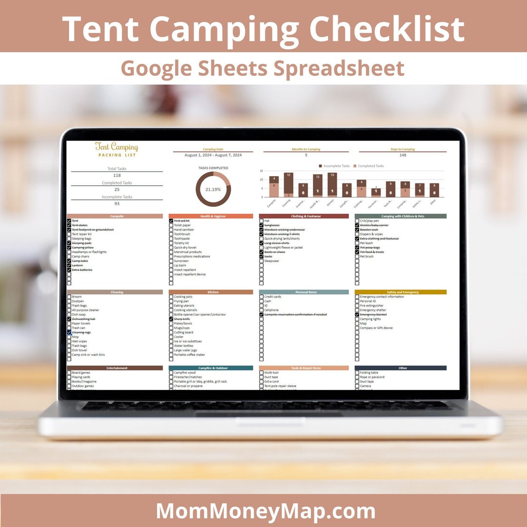 Tent Camping Checklist Google Sheets Spreadsheet, Camping Packing List, Camping Essentials