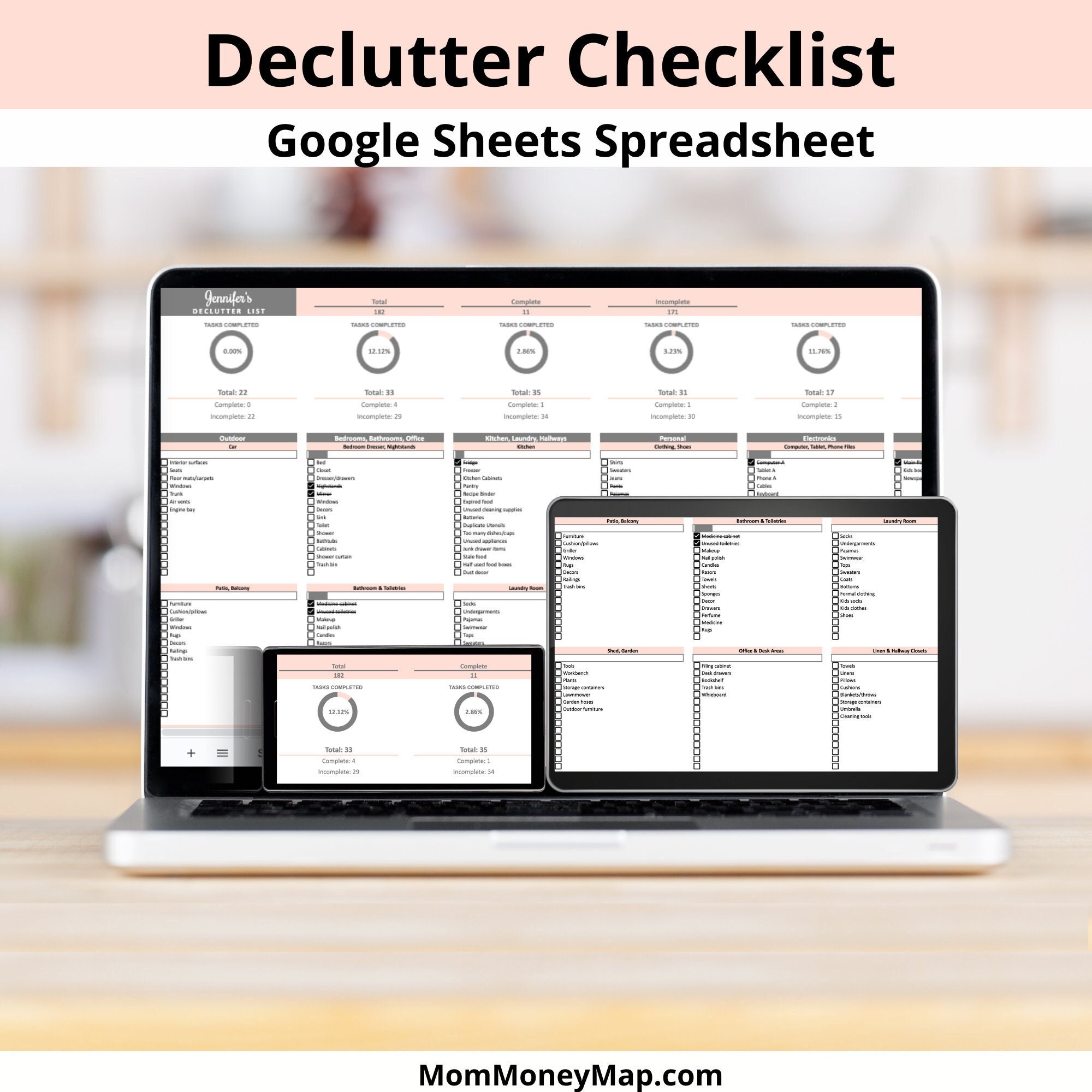 Decluttering Checklist Google Sheets Spreadsheet, House Purge Checklist, House Declutter Checklist, Declutter Organizer, Declutter Planner