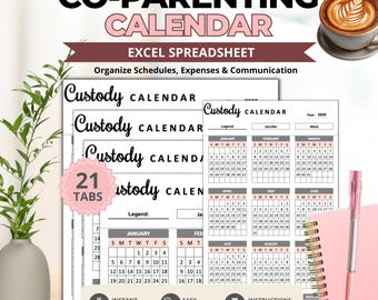 Excel-Tabellenvorlage für einen Co-Parenting-Kalender zur Erfassung von Sorgerechtsregelungen, Umgangszeiten, Besuchsrechten, Feiertagen und wichtigen Terminen
