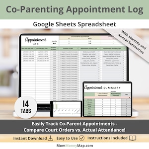 Könnte beinhalten: Ein Laptop, ein Tablet und ein Smartphone zeigen eine Tabelle mit einem Co-Parenting-Terminprotokoll an. Der Bildschirm zeigt Termindetails, einschließlich Start- und Endzeiten, Dauer und primäre Terminarten. Der Text enthält "Co-Parenting Appointment Log" und "Google Sheets Spreadsheet".
